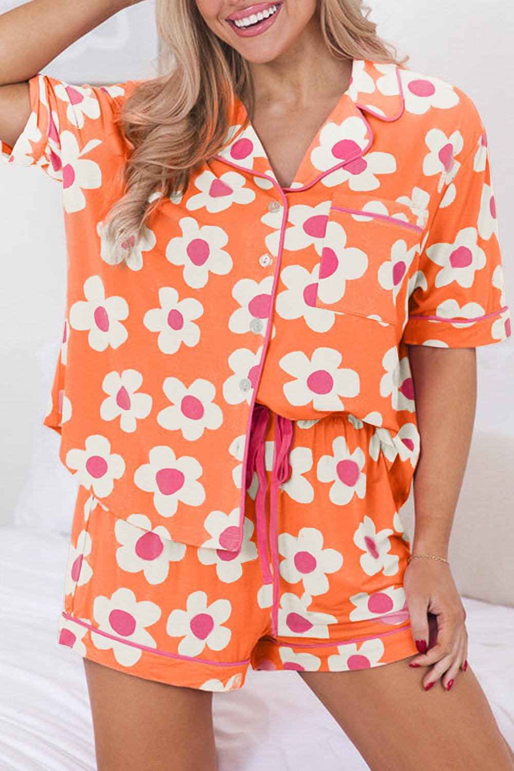 Green Flower Print Buttoned Shirt and Drawstring Waist Pajama Set - The Fair Lady Shop