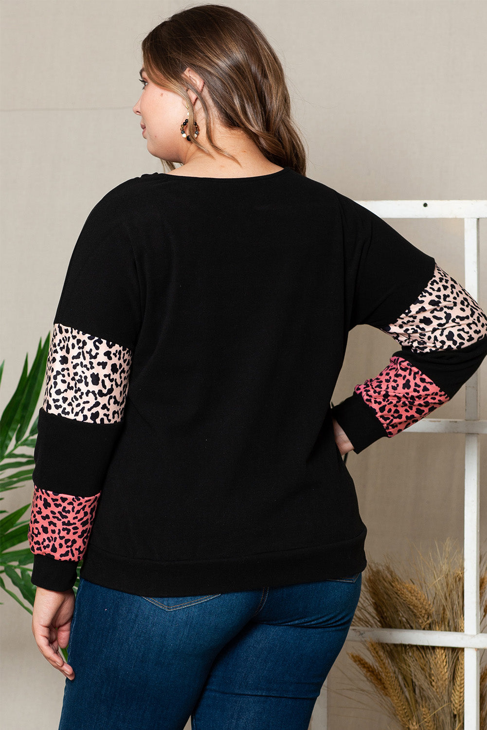 Black Plus Size Leopard Patchwork Strappy Neck Top - The Fair Lady Shop