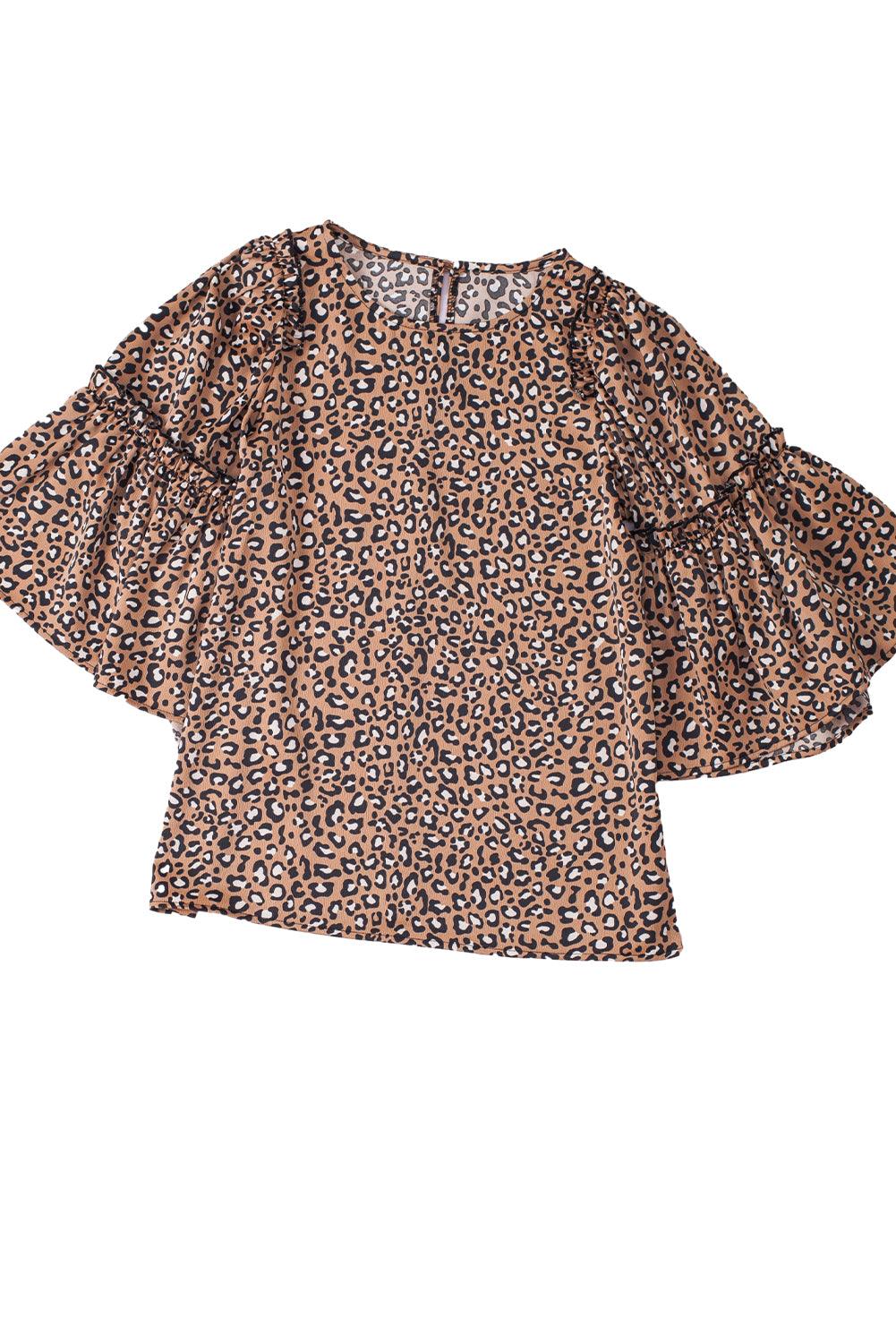 Chestnut Leopard Ruffle Flounce Sleeve Blouse - The Fair Lady Shop