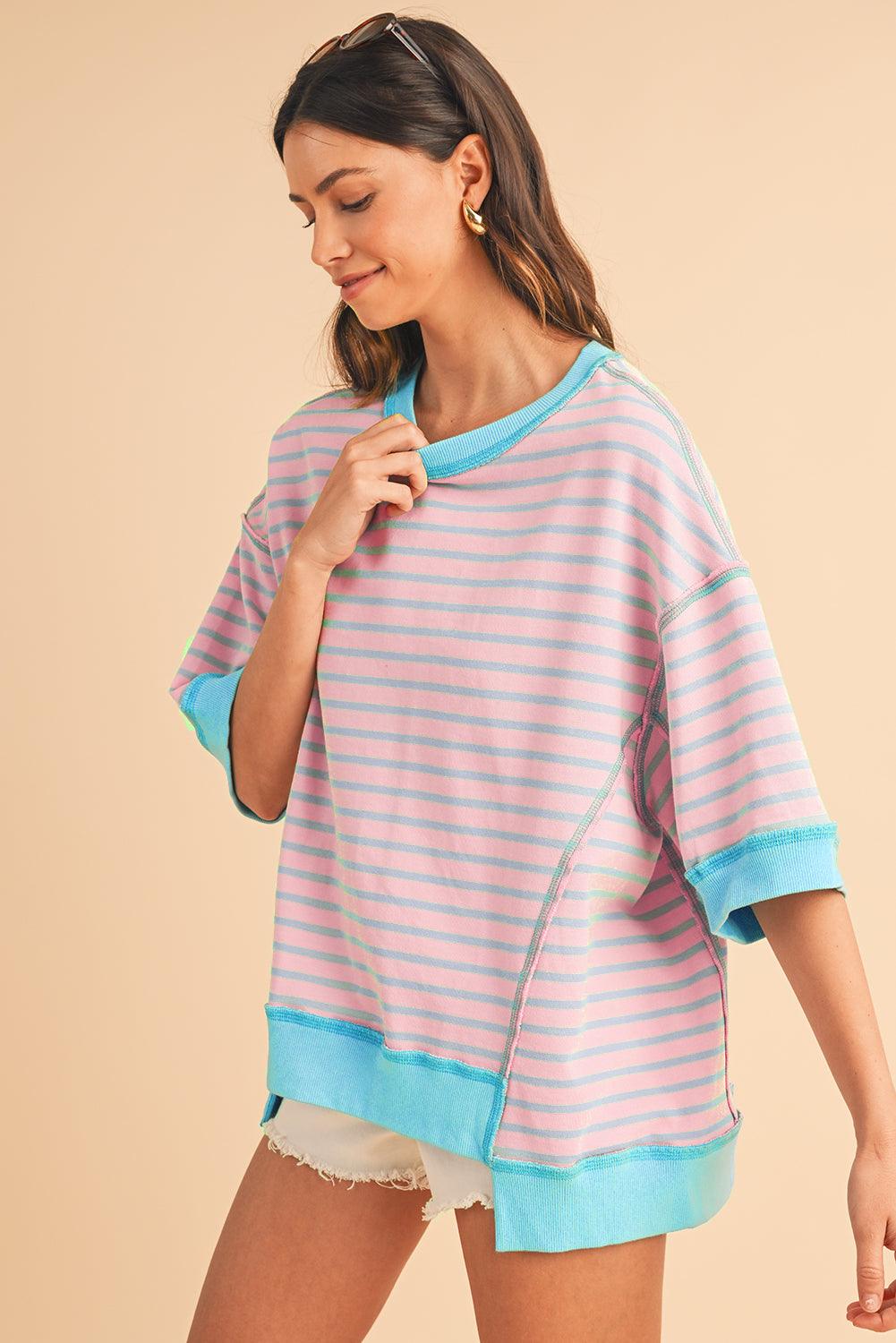 Pink Stripe Colorblock Drop Sleeve Oversized T Shirt - The Fair Lady Shop