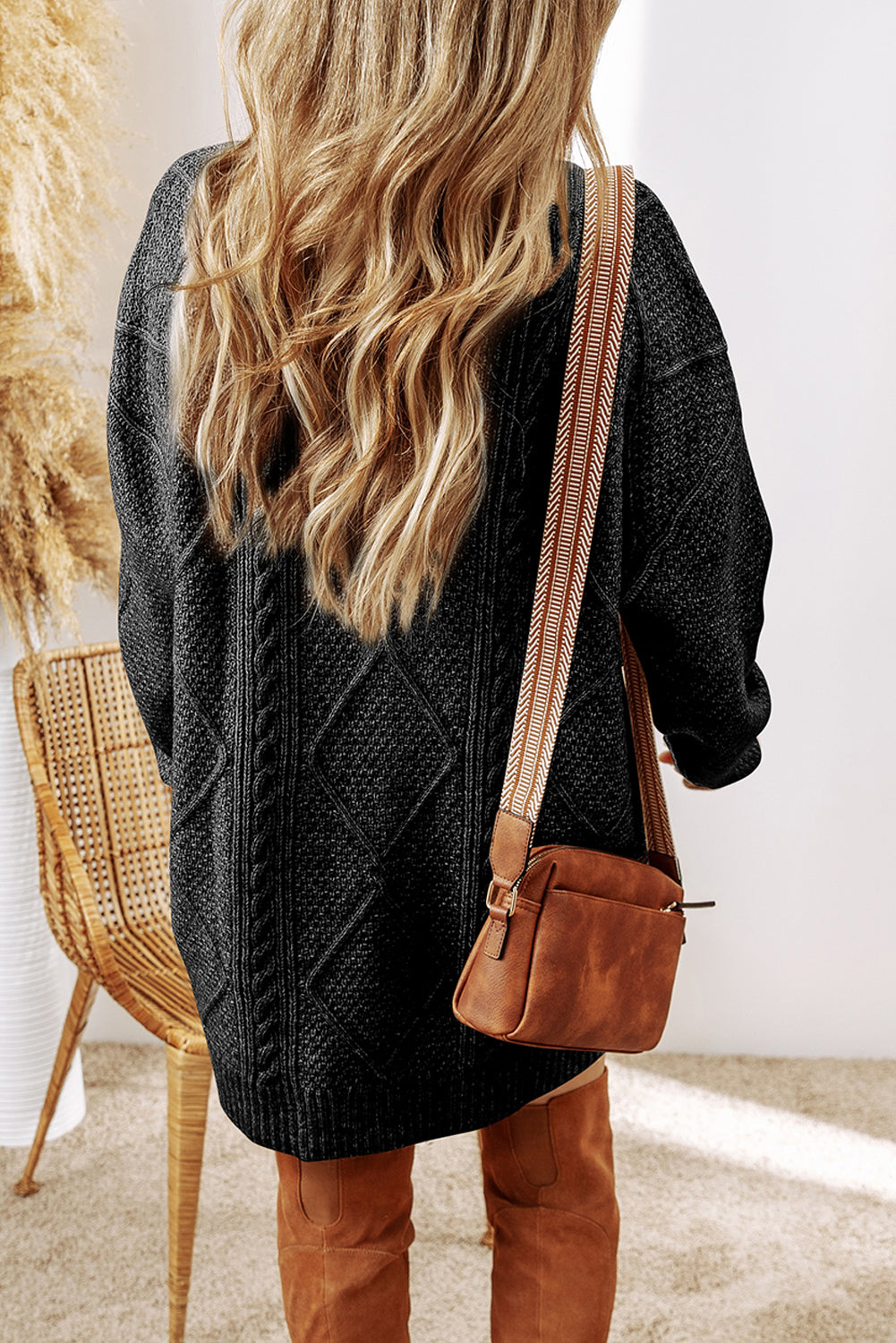 Black Twist Cable Knit Drop Shoulder Loose Fit Sweater Dress - The Fair Lady Shop
