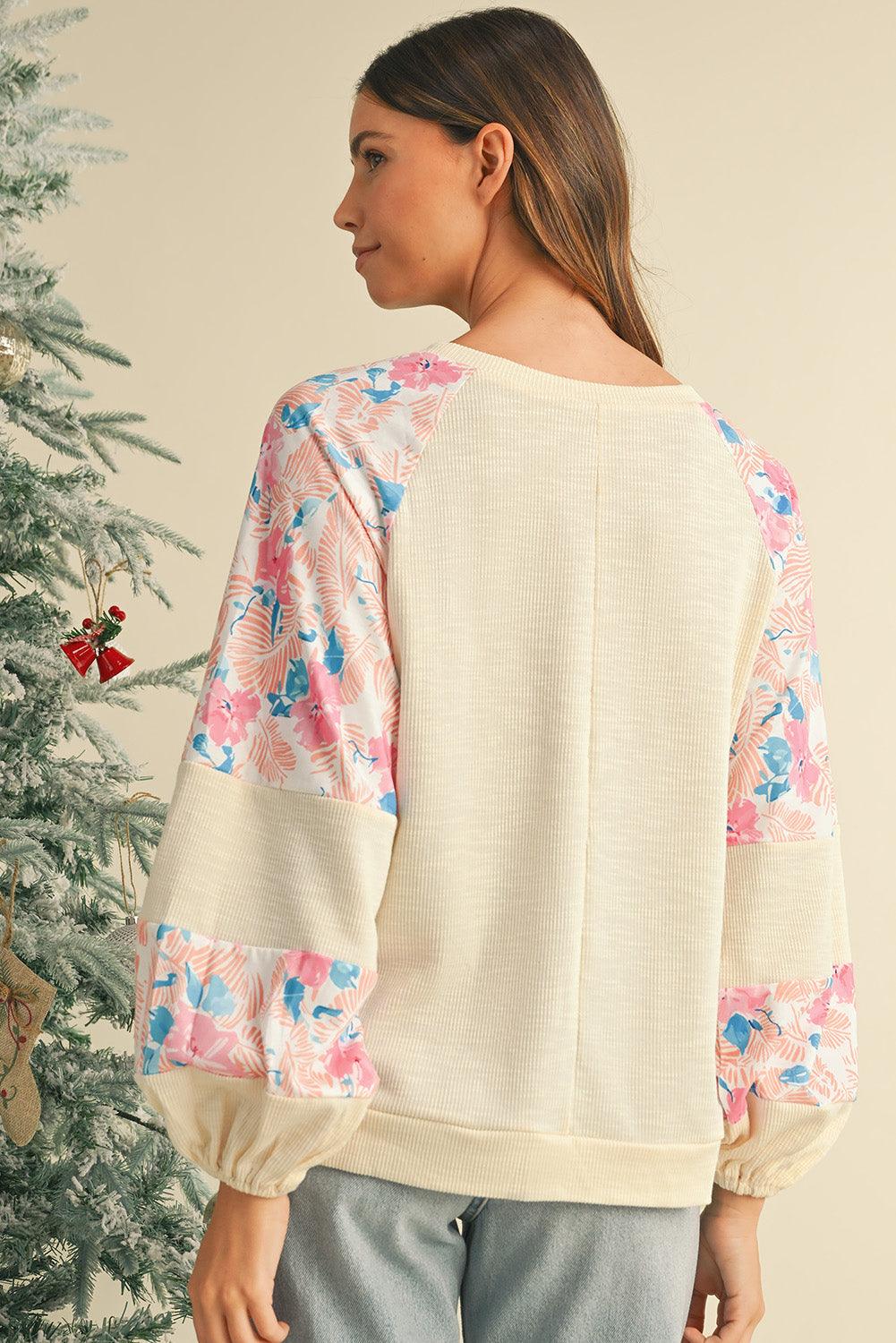 Apricot Crinkle Rib Floral Patchwork Balloon Sleeve Top - The Fair Lady Shop