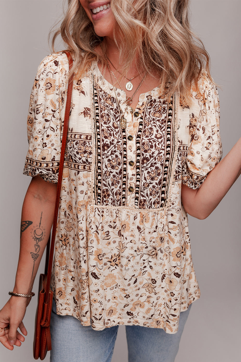 Khaki Boho Floral Print Half Placket Short Sleeve Loose Blouse - The Fair Lady Shop
