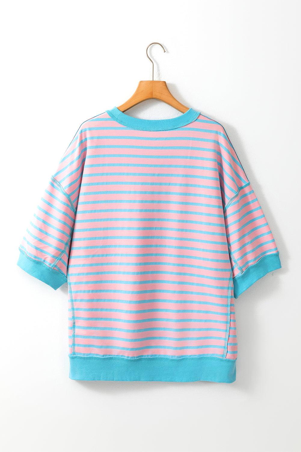 Pink Stripe Colorblock Drop Sleeve Oversized T Shirt - The Fair Lady Shop