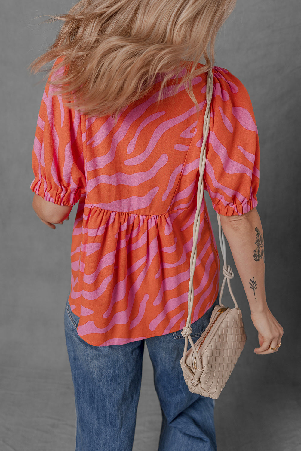 Orange Zebra Stripe Print Ruched Cuff Half Sleeve V Neck Blouse - The Fair Lady Shop