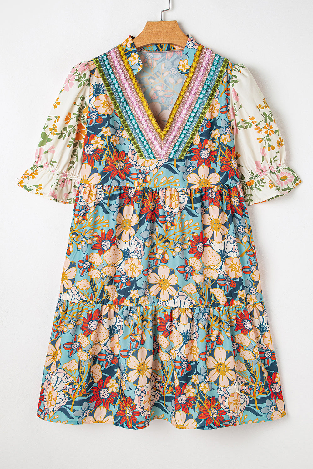Multicolor Allover Floral Print V Neck Tiered Mini Dress - The Fair Lady Shop