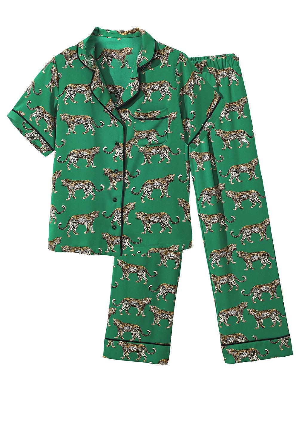 Green Cheetah Print Short Sleeve Shirt and Pants Pajama Set - The Fair Lady Shop