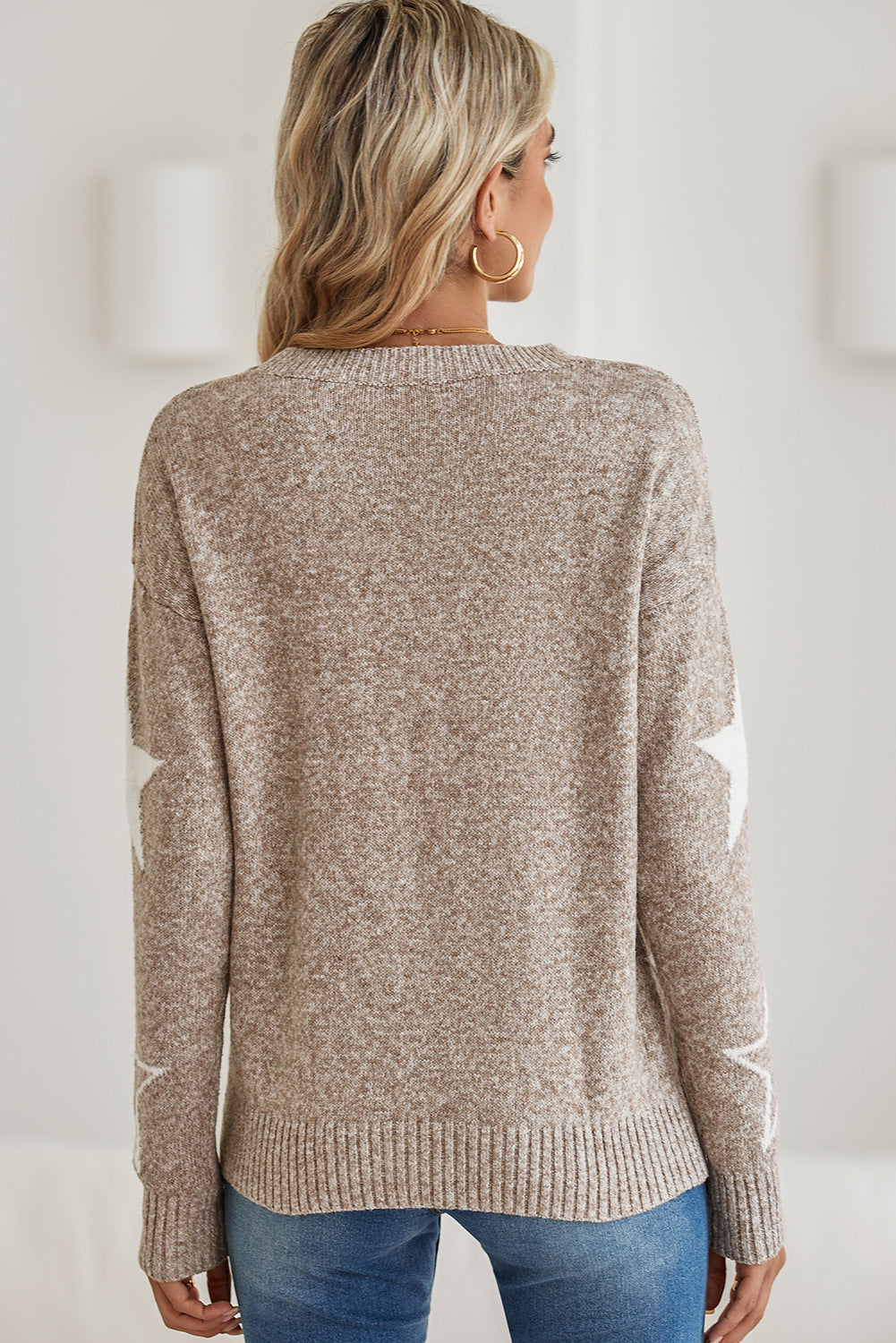 Khaki Star Pattern Drop Shoulder Knit Sweater - The Fair Lady Shop