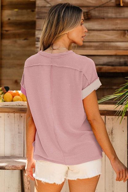 Apricot Pink Colorblock Ribbed Round Neck T Shirt - The Fair Lady Shop