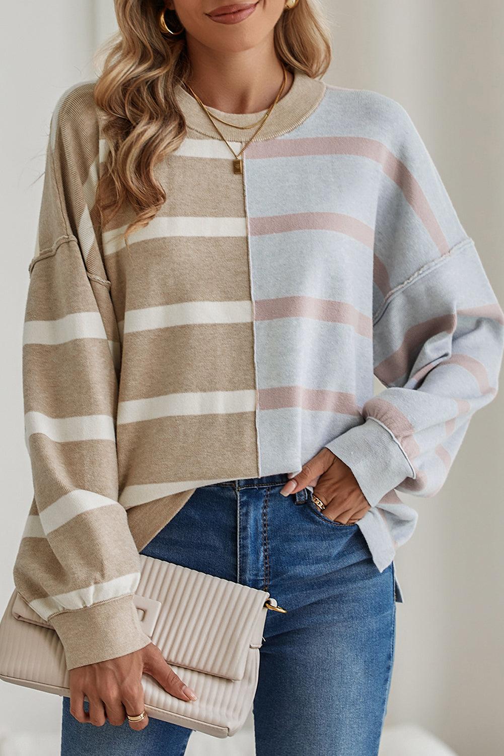 Khaki Stripe Exposed Seam Patchwork Loose Sweatshirts - The Fair Lady Shop