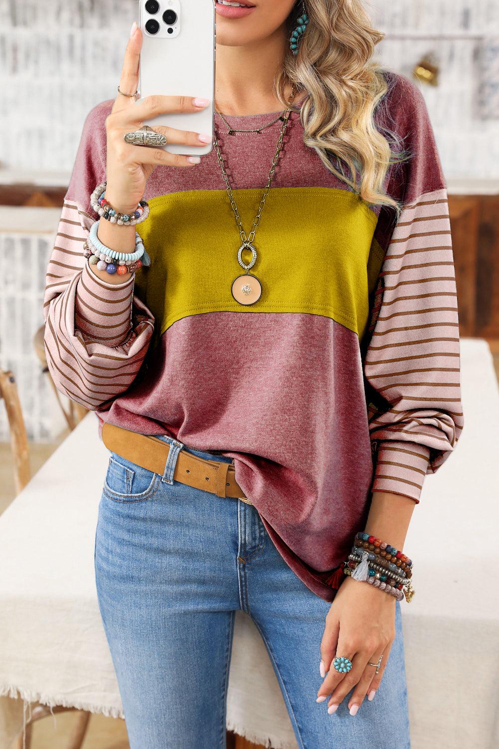 Green Colorblock Striped Bishop Sleeve Top with Side Slits - The Fair Lady Shop