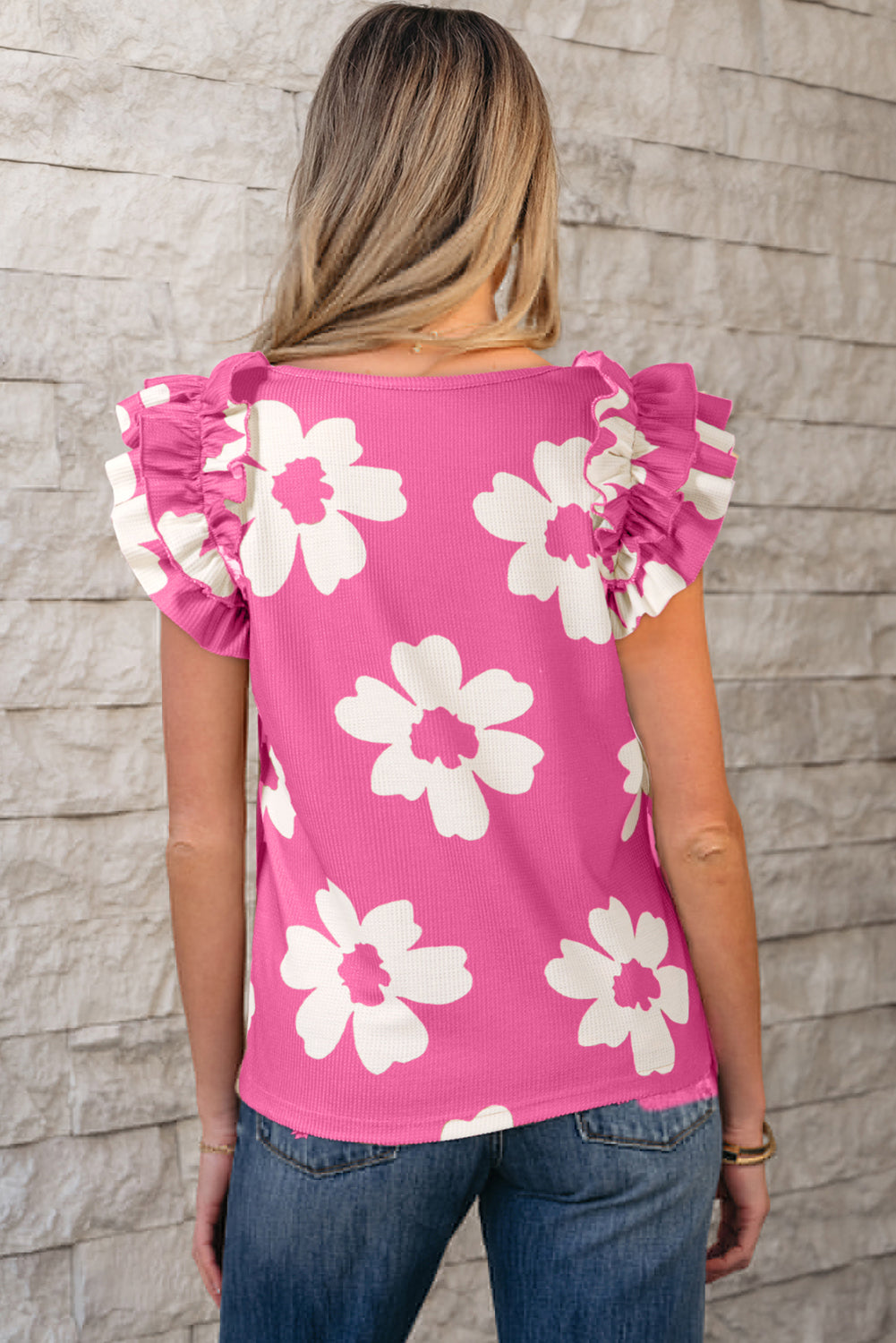 Pink Floral Ruffle Shoulder Square Neck Blouse - The Fair Lady Shop