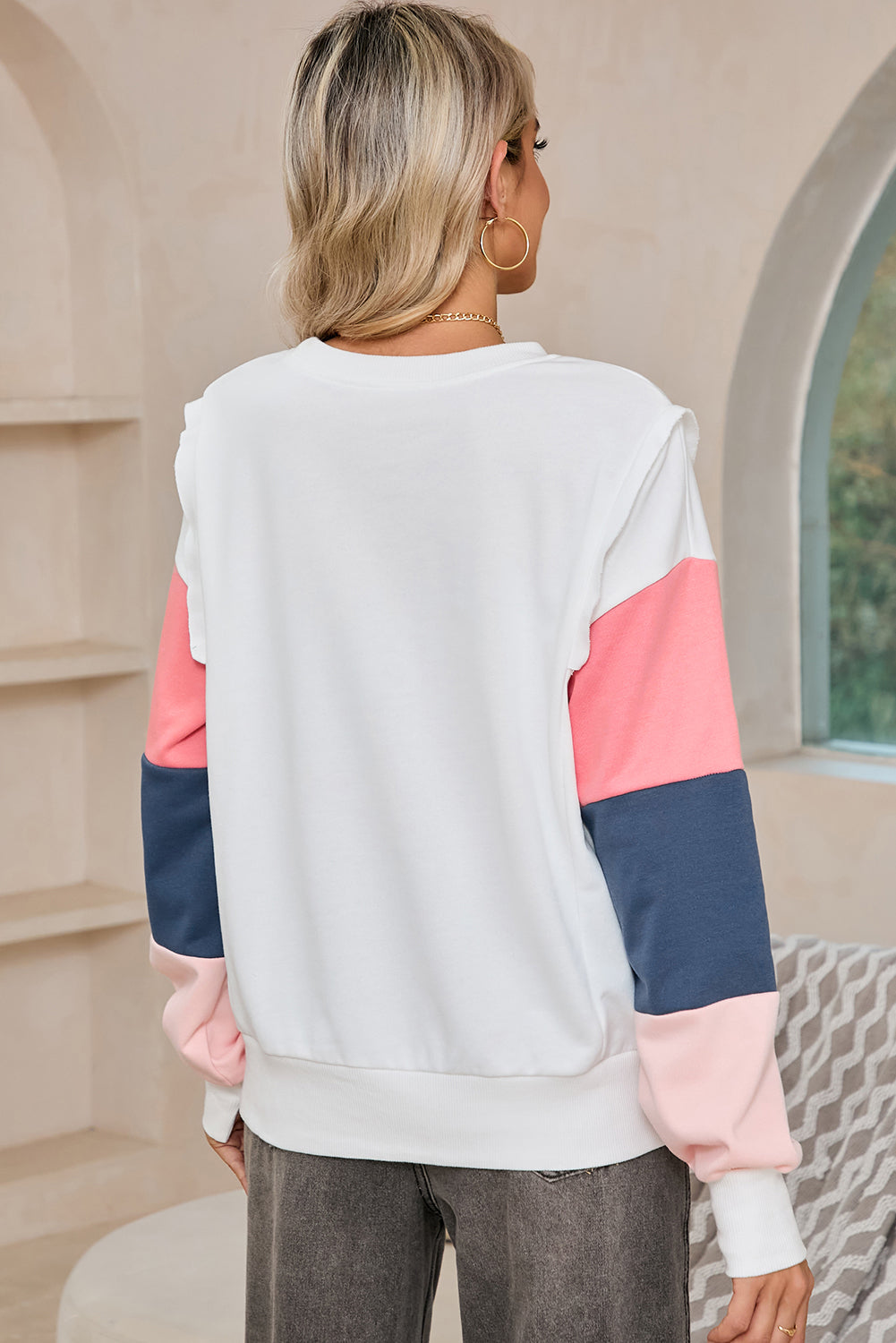 White Color Block Sleeve Ribbed Trim Long Sleeve Top - The Fair Lady Shop