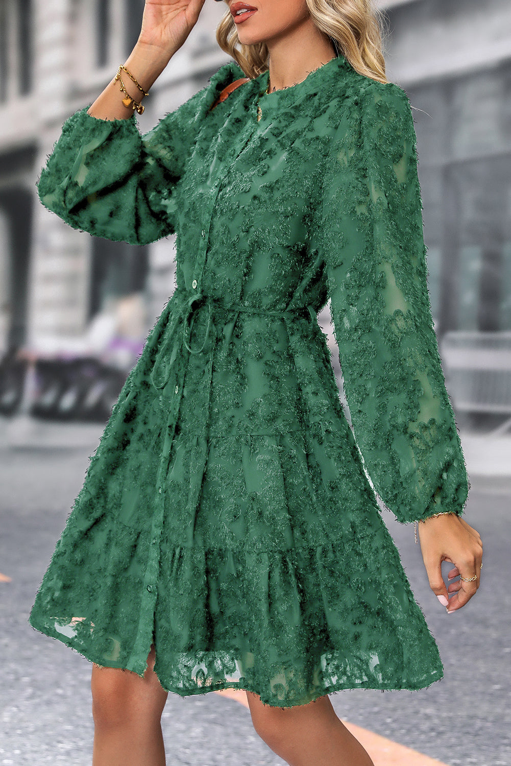 Dark Green Jacquard Long Sleeve Dress - The Fair Lady Shop