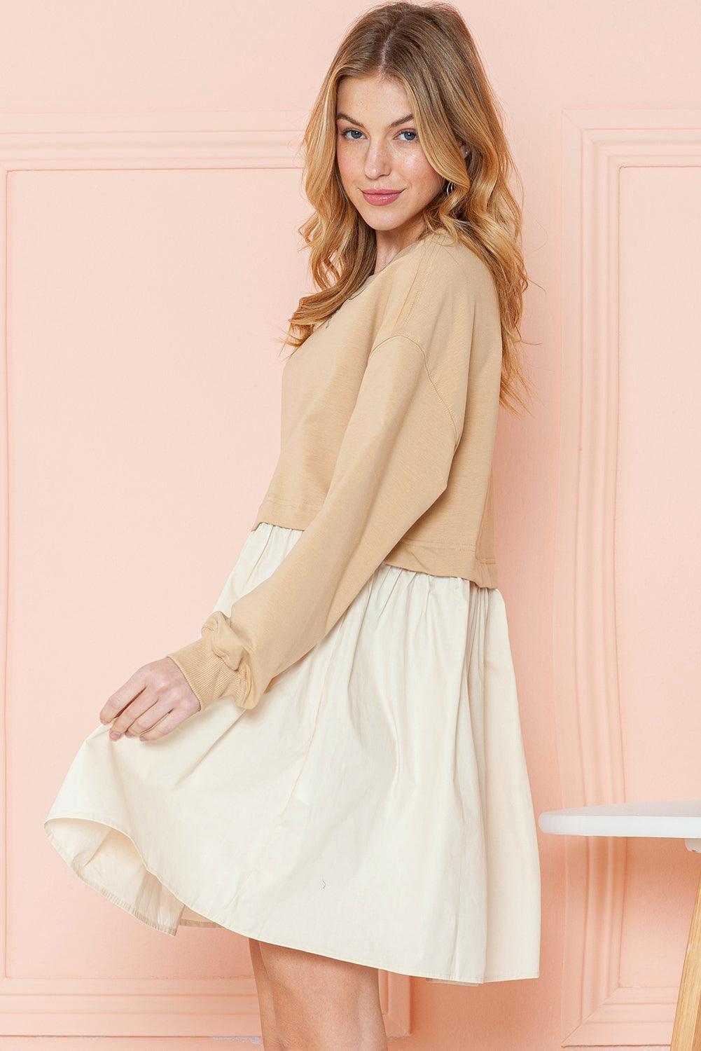 Khaki Sweatshirt Colorblock Flowy Pleated Mini Dress - The Fair Lady Shop