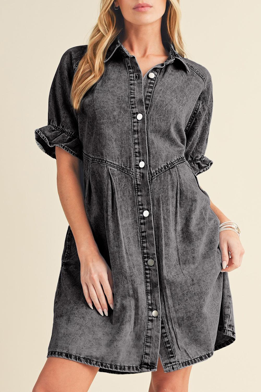 Blue Mineral Washed Ruffled Short Sleeve Pocketed Denim Dress - The Fair Lady Shop