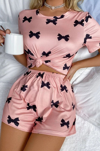 Pink Allover Bow Print Pockets Cropped Pajama Set