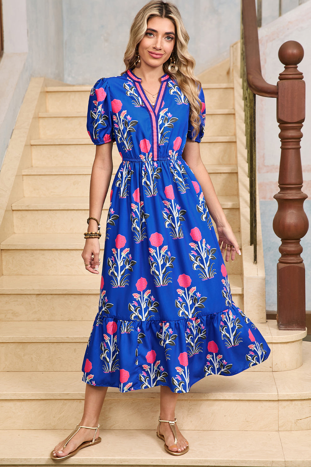 Sky Blue Floral Ruffle Hem Midi Dress - The Fair Lady Shop