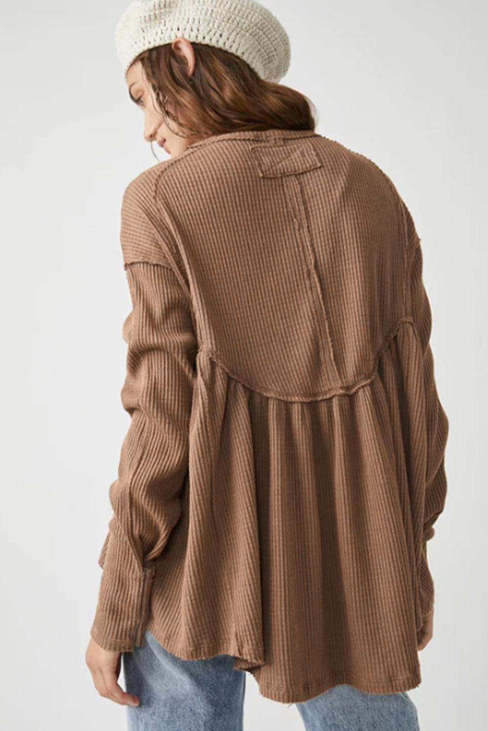 Brown Textured Exposed Seam Pullover Long Sleeve Top - The Fair Lady Shop