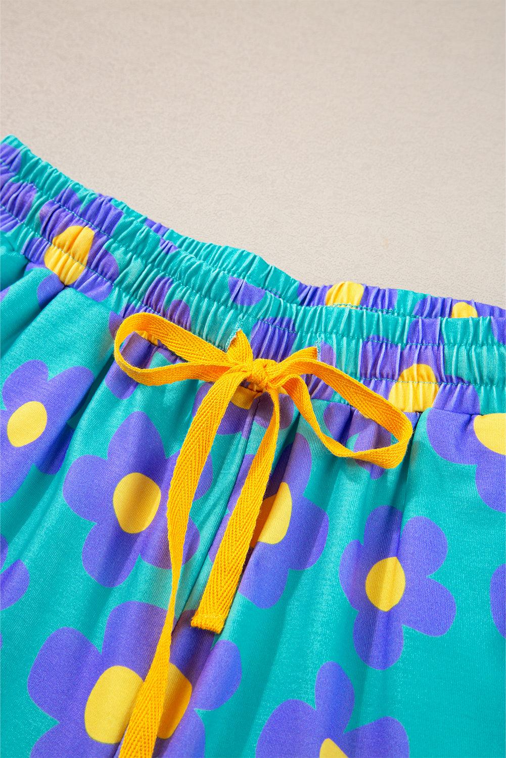 Green Flower Print Buttoned Shirt and Drawstring Waist Pajama Set - The Fair Lady Shop