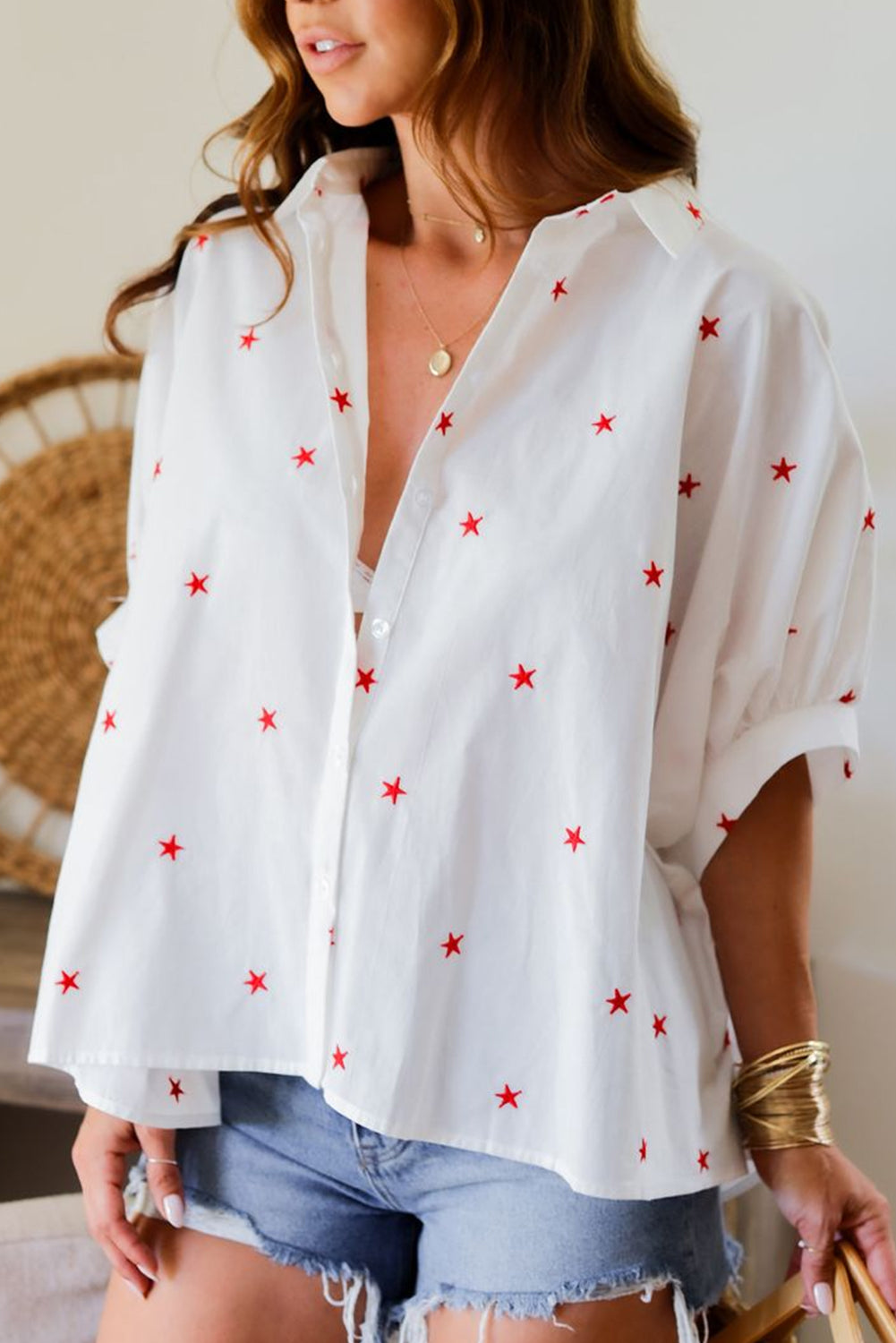White Stars Half Puff Sleeve Loose Shirt - The Fair Lady Shop