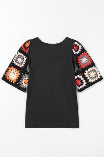 Black Floral Hollowed Crochet Sleeve Boho T Shirt - The Fair Lady Shop