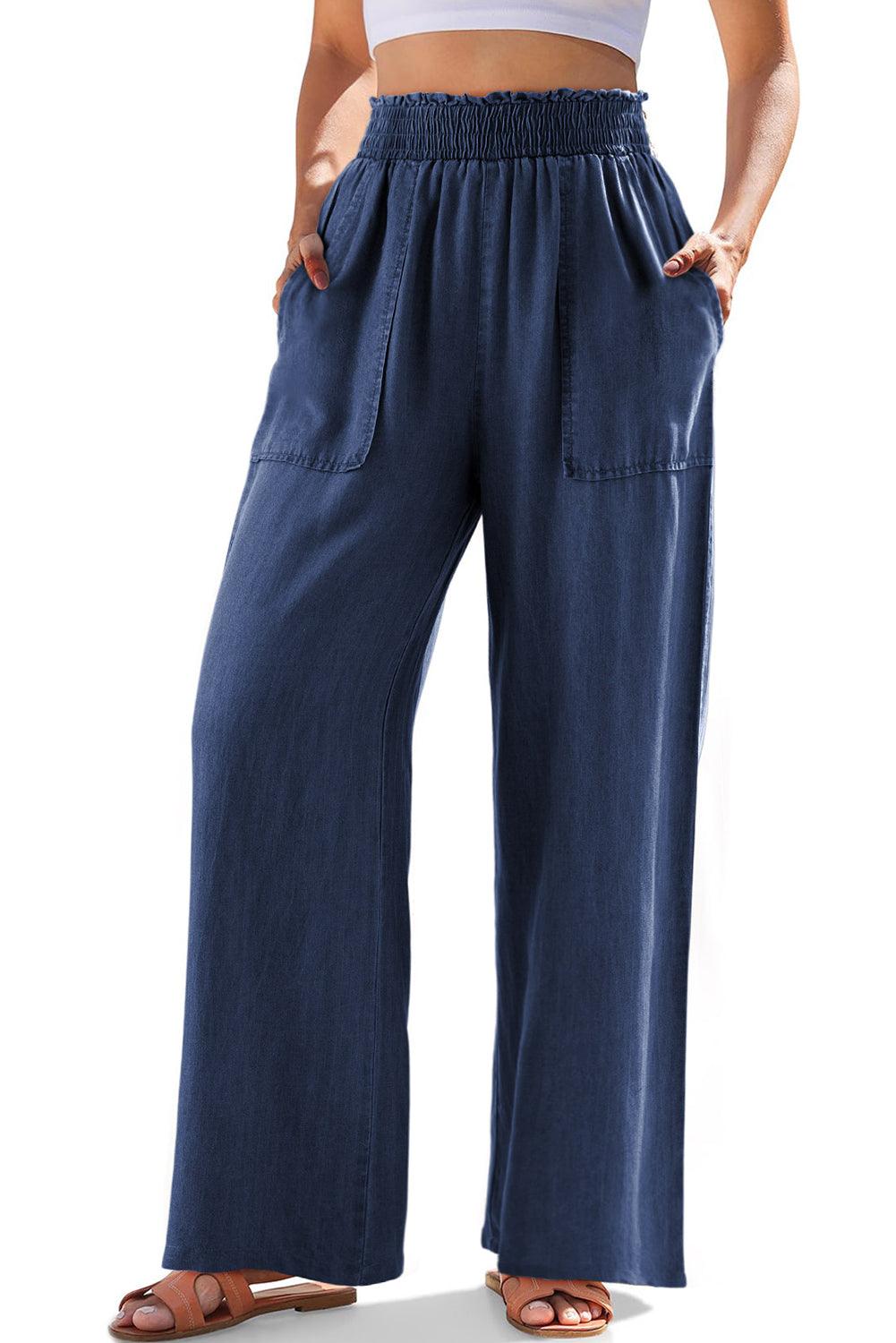 Black Side Pockets Frilled Smocked High Waist Wide Leg Jeans - The Fair Lady Shop