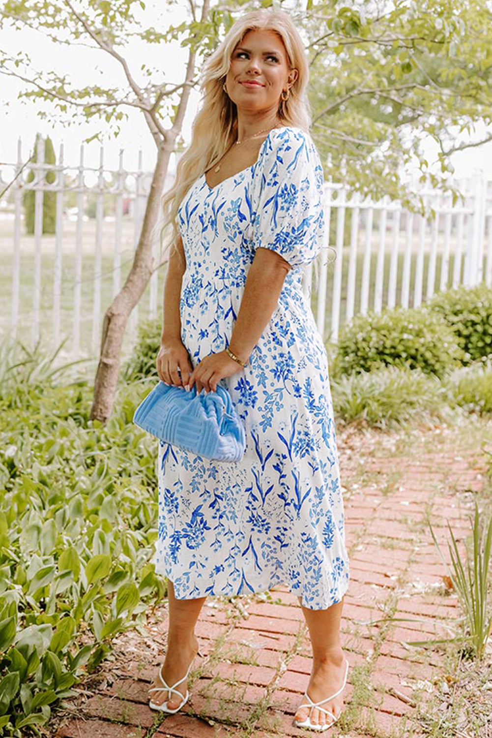 Sky Blue Floral Print Sweetheart Neck Plus Size Midi Dress - The Fair Lady Shop