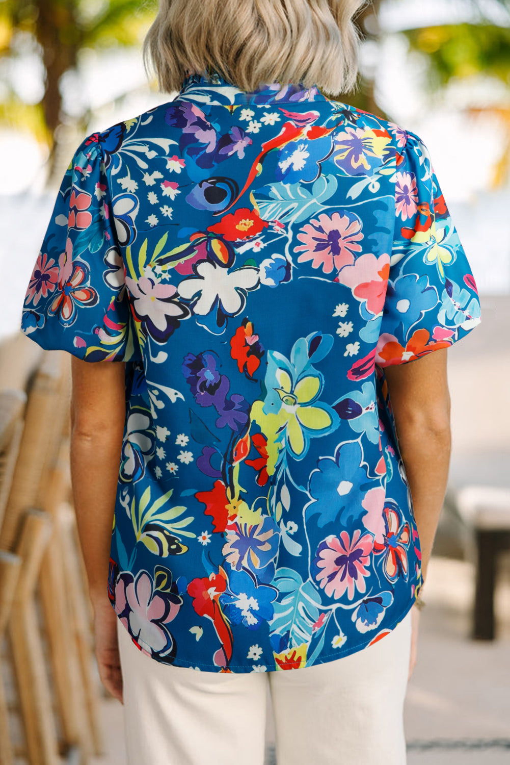 Blue Flower Print Notch V Neck Puff Sleeve Babydoll Blouse - The Fair Lady Shop