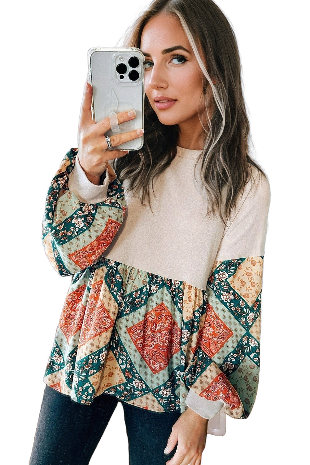 Jet Stream Paisley Geometric Patchwork Loose Fit Blouse - The Fair Lady Shop