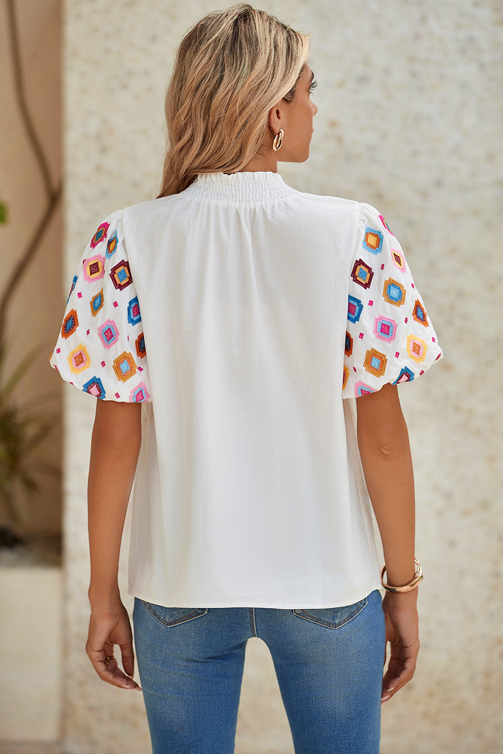 White Geometric Embroidered Smocked Neck Puff Sleeve Top - The Fair Lady Shop