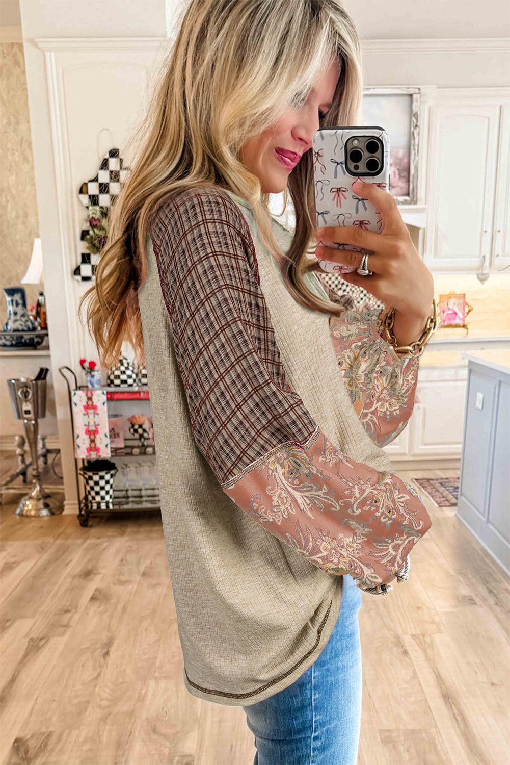 Jet Stream Floral Plaid Mixed Print Patchwork Raglan Ribbed Top - The Fair Lady Shop