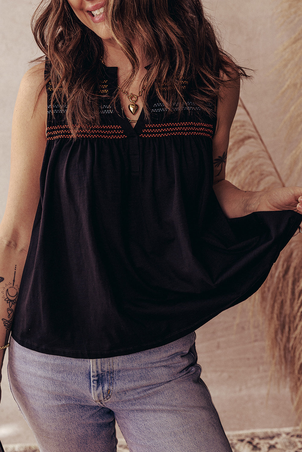 Black Shirred Yoke Notched V Neck Tank Top - The Fair Lady Shop