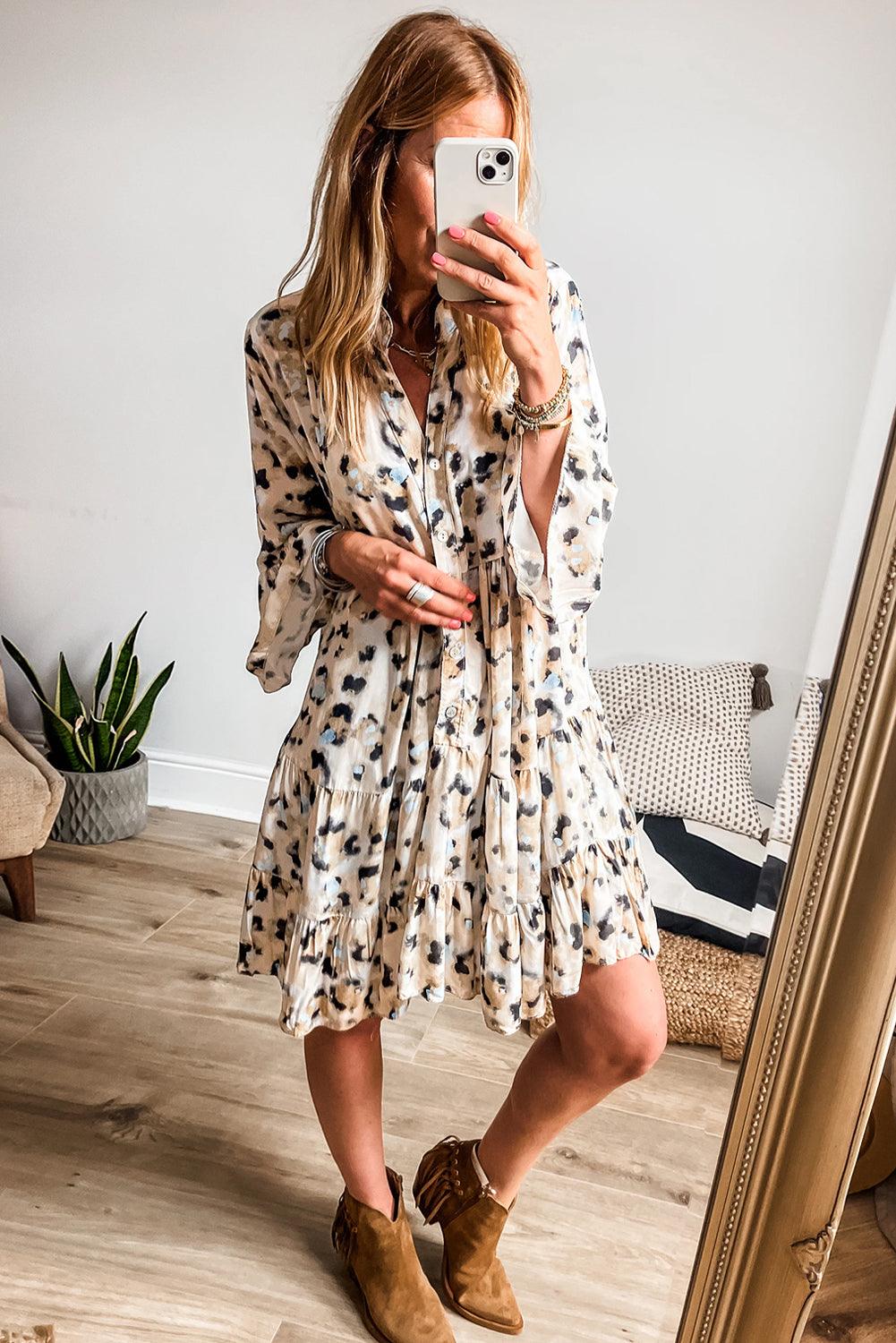 Black Leopard Button V Neck Flowy Mini Dress - The Fair Lady Shop