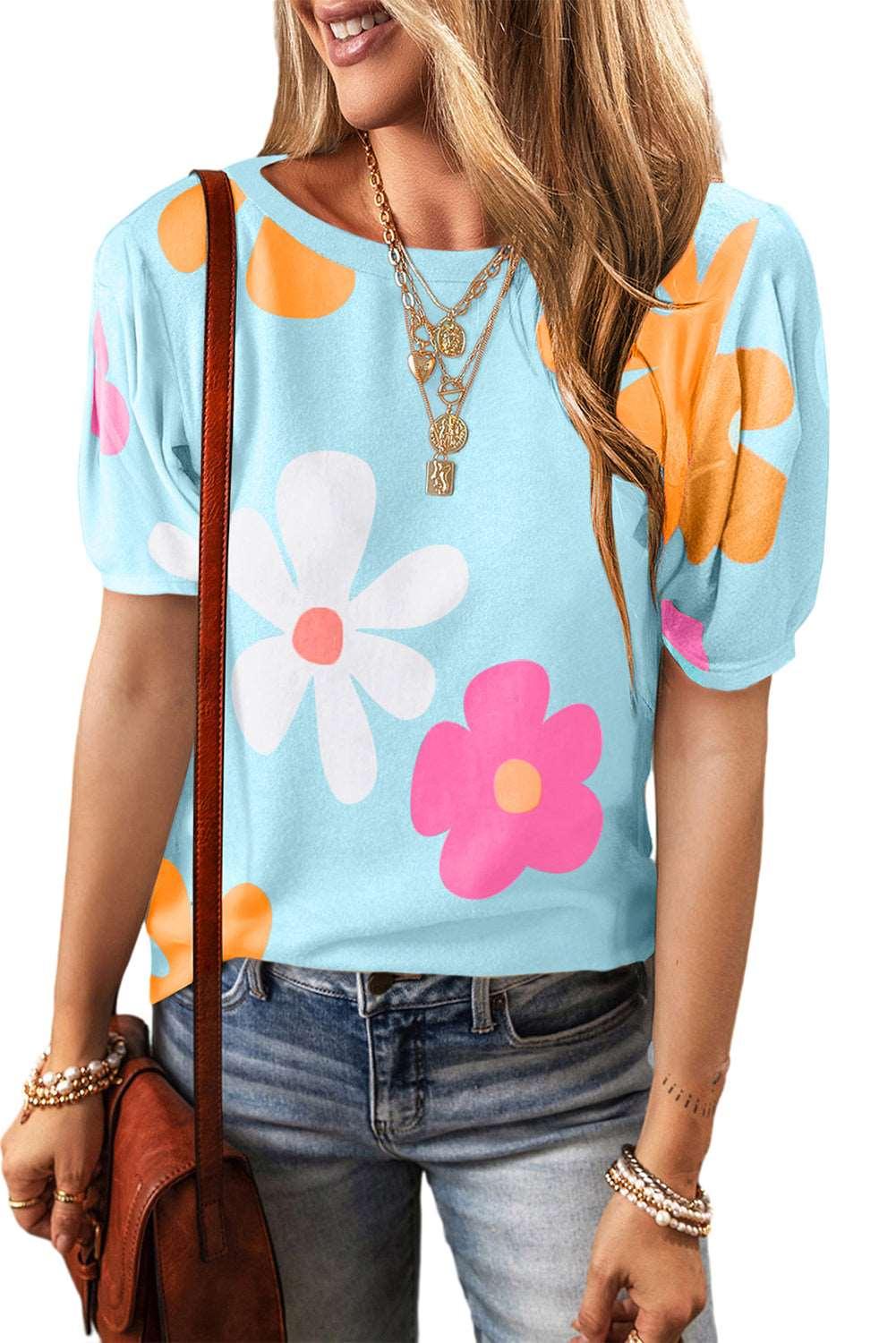 Apricot Colorful Flower Print Bubble Sleeve Tee - The Fair Lady Shop