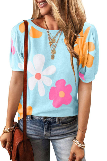 Apricot Colorful Flower Print Bubble Sleeve Tee - The Fair Lady Shop