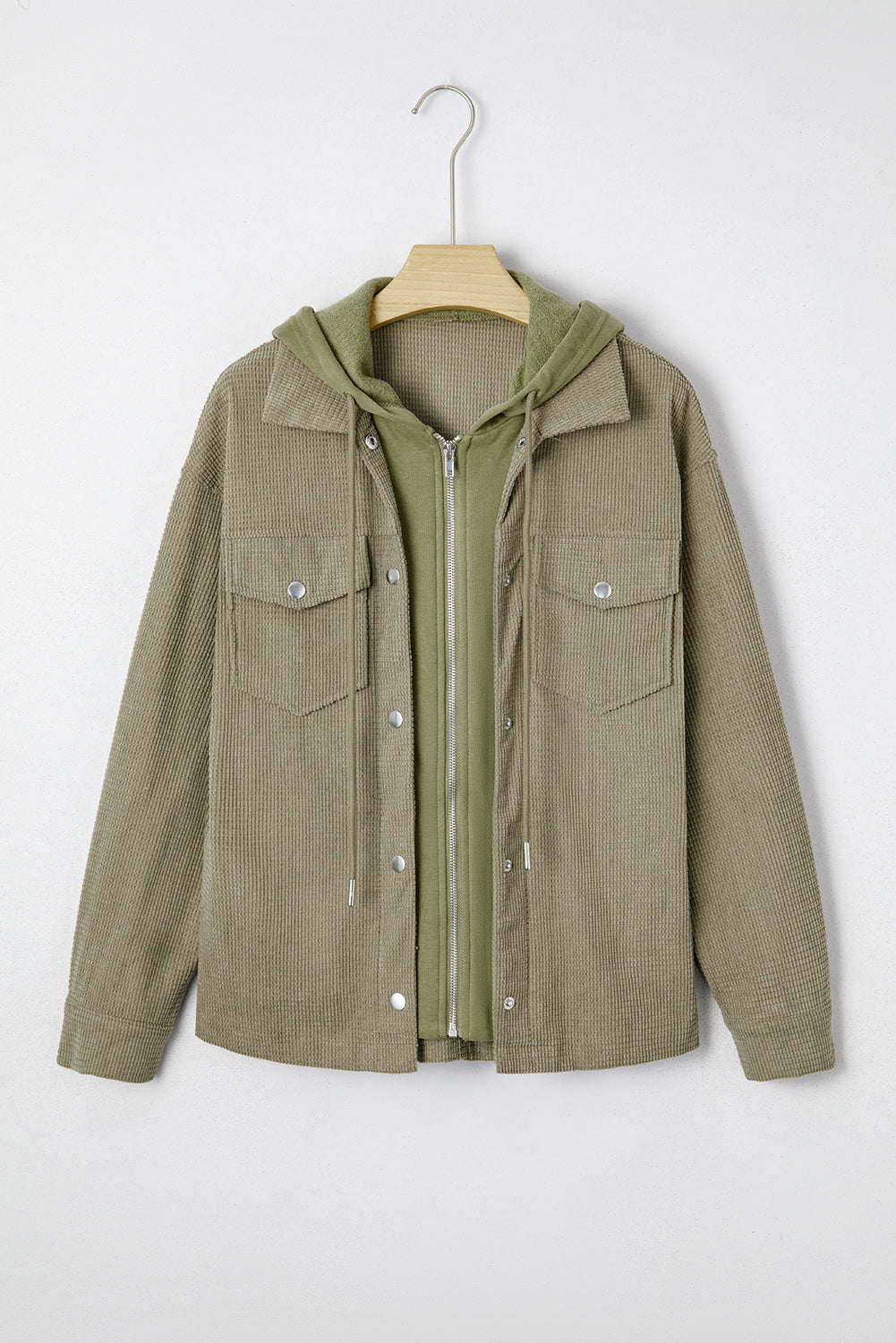 Laurel Green Solid Color Textured Patchwork Flap Pocket Shacket