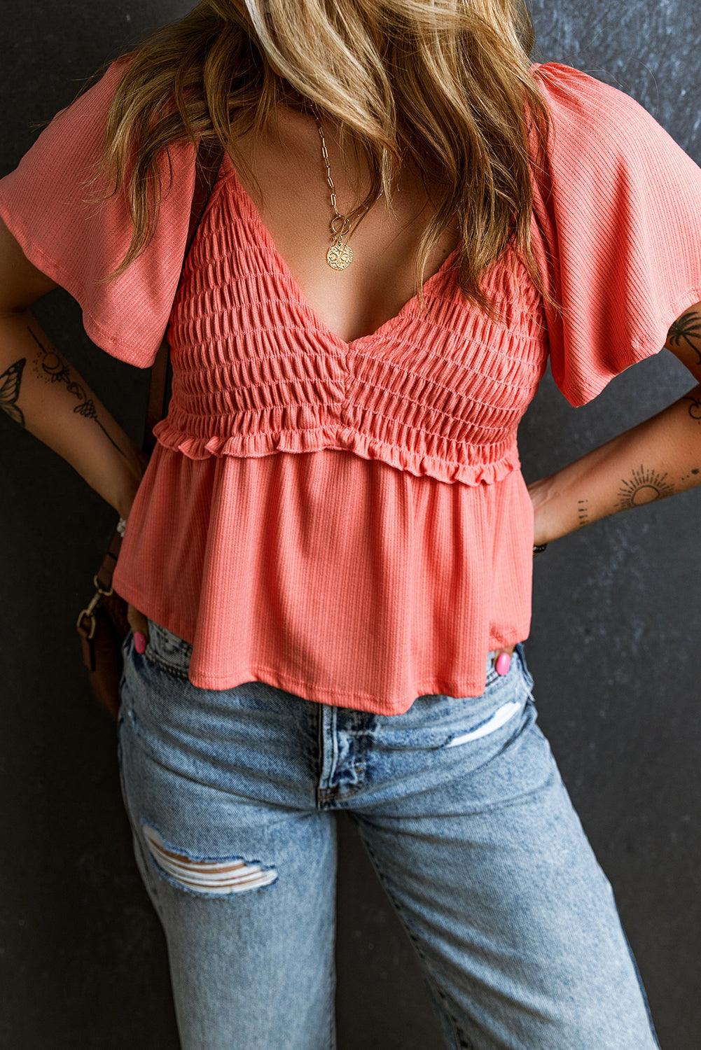 Tomato Red Shirred V Neck Short Flutter Sleeve Textured Blouse - The Fair Lady Shop