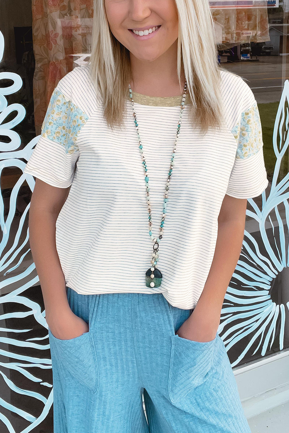 White Striped Floral Patchwork Sleeves Contrast Round Neck T Shirt - The Fair Lady Shop