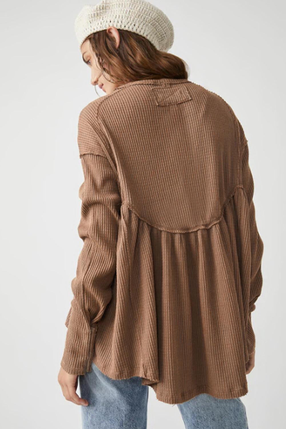 Brown Textured Exposed Seam Pullover Long Sleeve Top - The Fair Lady Shop