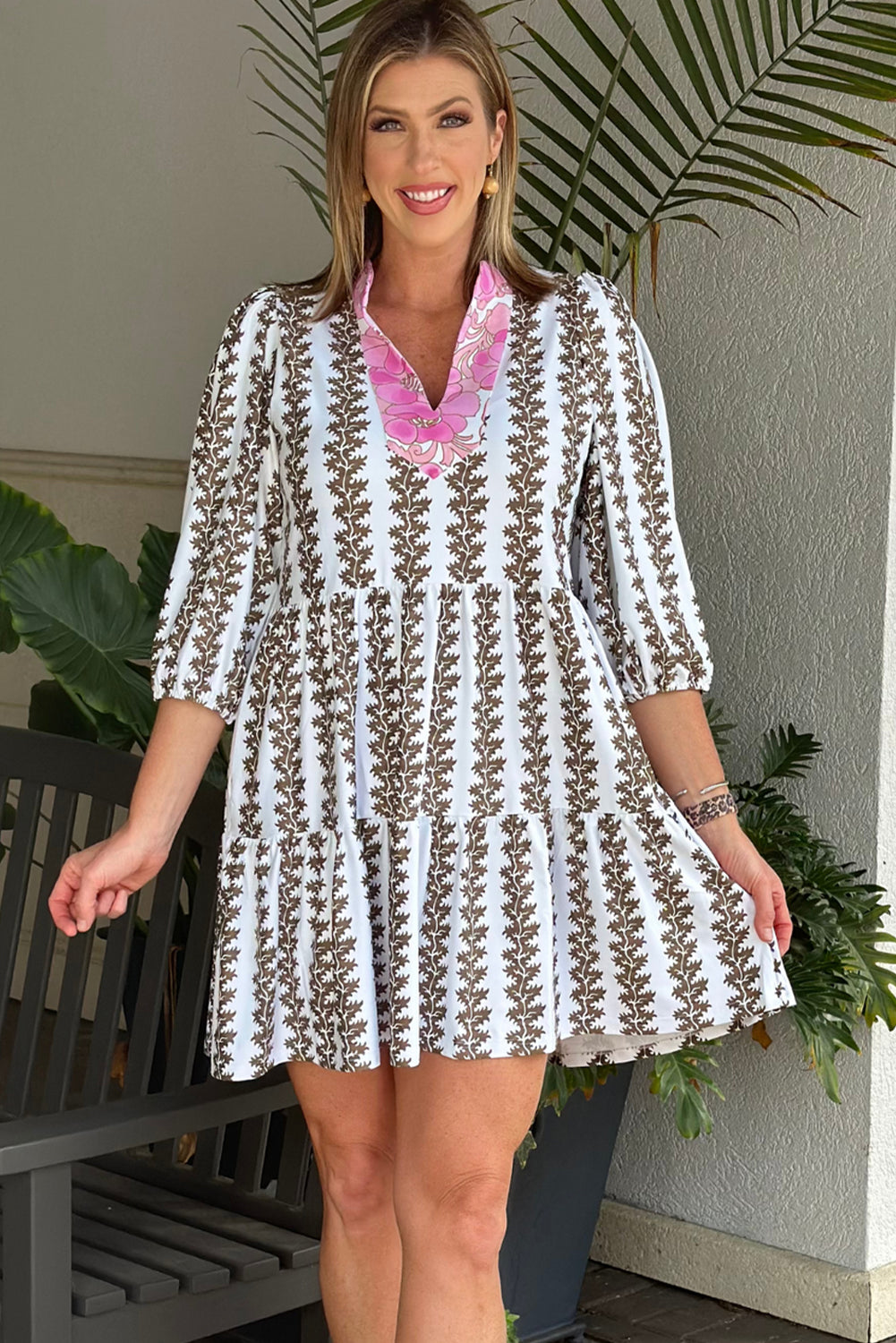 Black Floral Abstract Print V Neck Tiered Mini Dress - The Fair Lady Shop