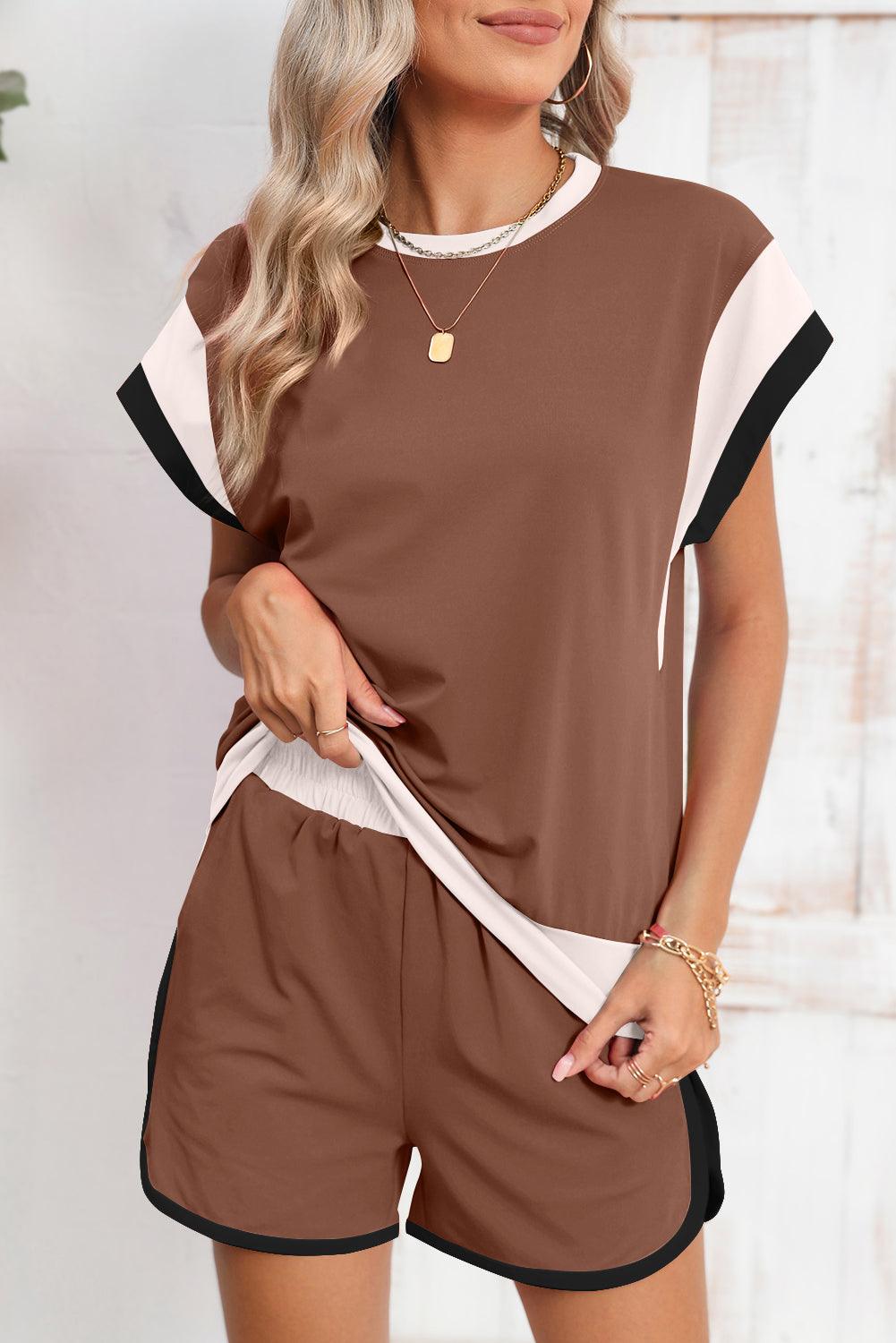Peach Blossom Color Block Loose Fit Top & Elastic Waist Shorts Set - The Fair Lady Shop