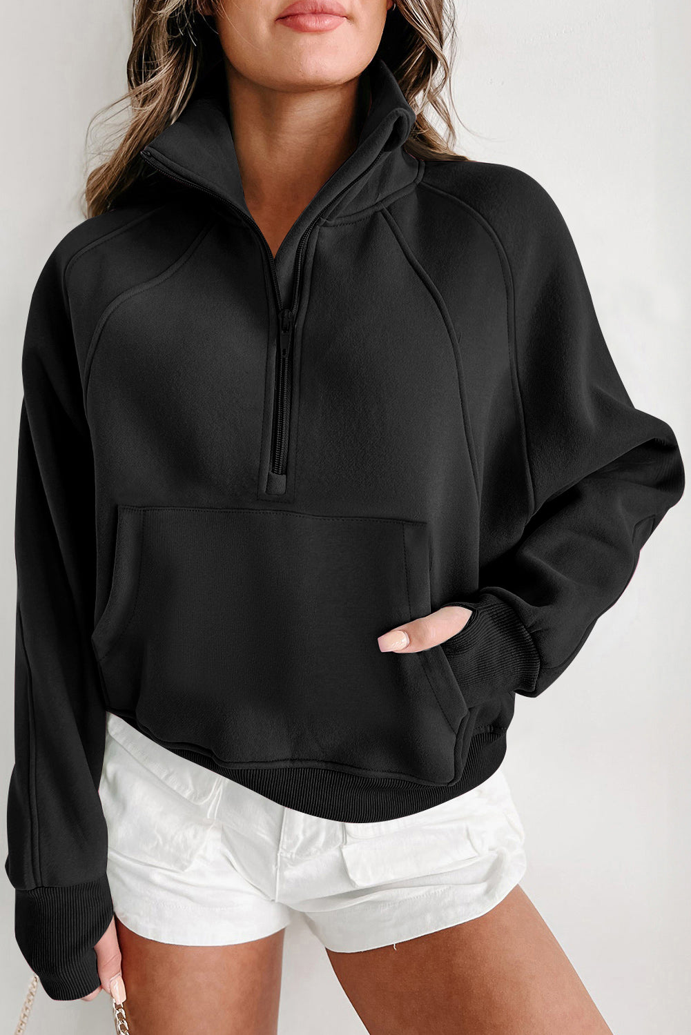 Black Zip Up Stand Collar Ribbed Thumbhole Sleeve Sweatshirt - The Fair Lady Shop