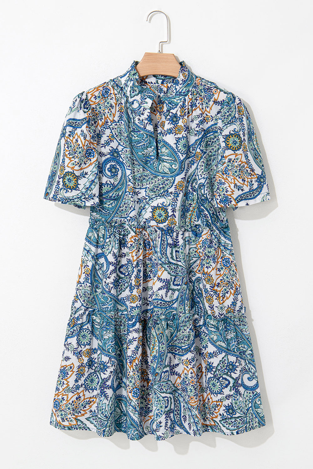 Blue Bohemian Paisley Floral V Neck Puff Sleeve Mini Dress - The Fair Lady Shop