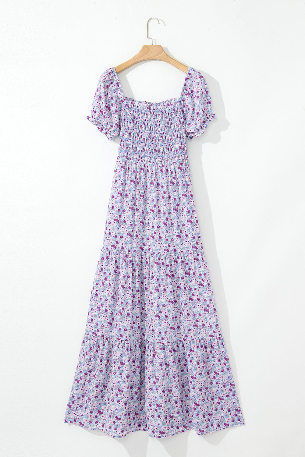 Purple Floral Short Bubble Sleeve Smocked High Waist Maxi Dress - The Fair Lady Shop