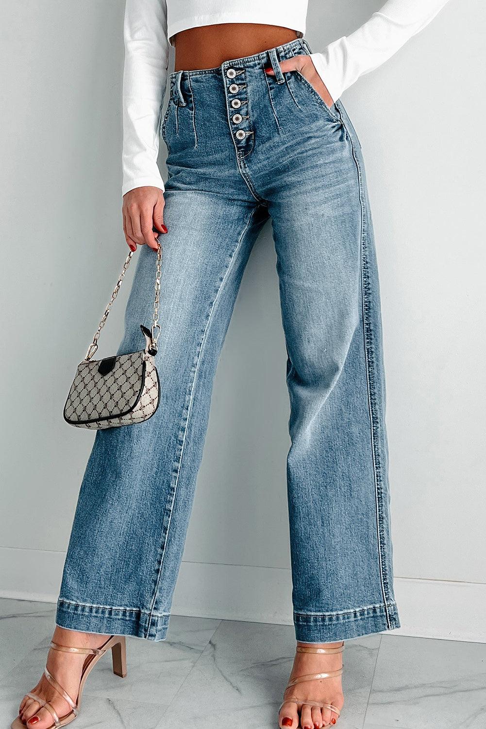 Dusk Blue Multi Button Waist Wash Straight Leg Jeans - The Fair Lady Shop