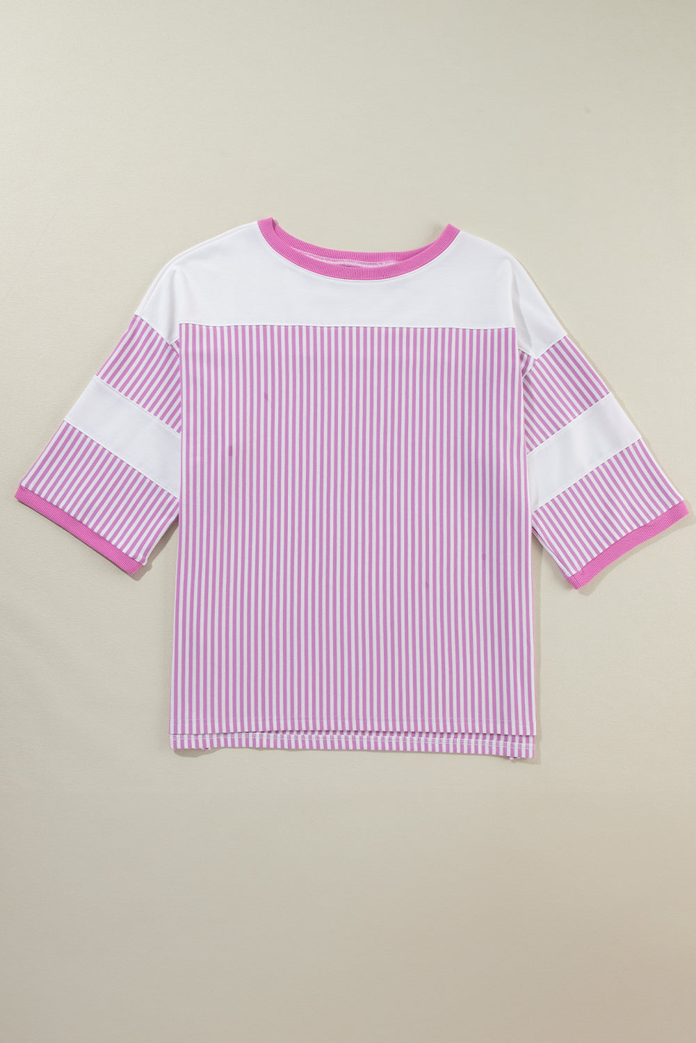 Pink Stripe Patchwork Bracelet Sleeve Plus Size T Shirt - The Fair Lady Shop