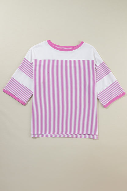 Pink Stripe Patchwork Bracelet Sleeve Plus Size T Shirt - The Fair Lady Shop