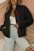 Black Zip-Up Pocket Quilted Cropped Jacket
