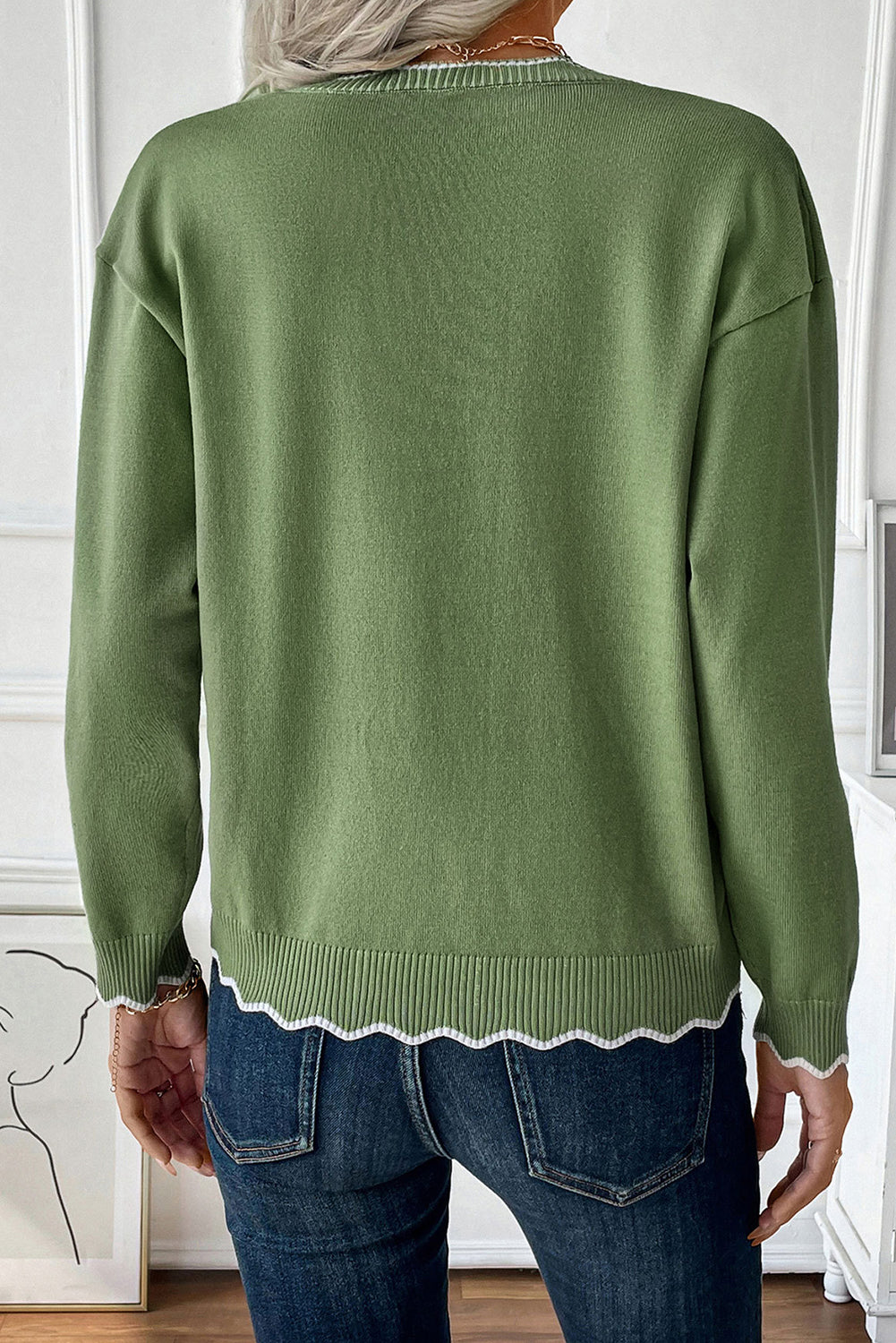 Vineyard Green Solid Color Border Open Zipper Sweater - The Fair Lady Shop